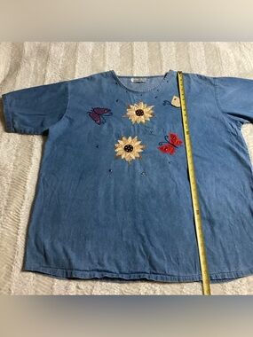 Vintage Miss & Mrs USA Made Denim Flowers Butterfly Appliqué Plus Size T Shirt